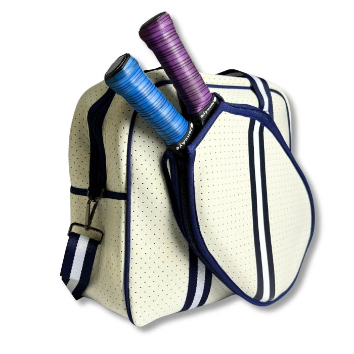 White and Navy Blue Neoprene Pickleball Bag with Paddle Holder and Adjustable Shoulder Strap Sport Tote for Men and Women