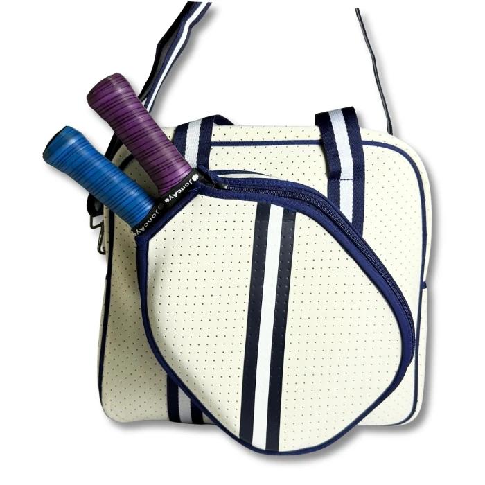 White and Navy Blue Neoprene Pickleball Bag with Paddle Holder and Adjustable Shoulder Strap Sport Tote for Men and Women