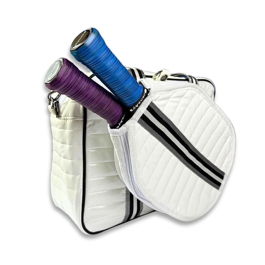 White Puffer Pickleball Bag with Paddle Holder and Adjustable Shoulder Strap Glossy Sport Tote for Men and Women