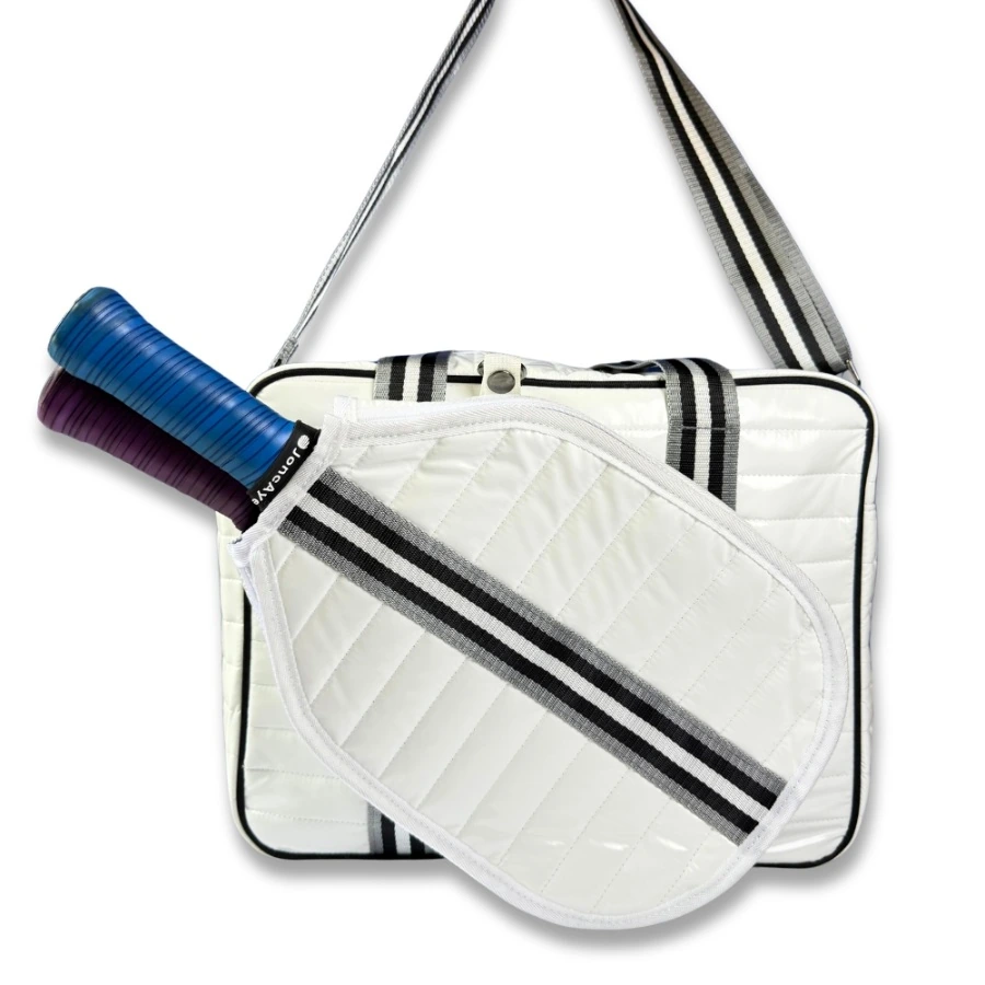 White Puffer Pickleball Bag with Paddle Holder and Adjustable Shoulder Strap Glossy Sport Tote for Men and Women