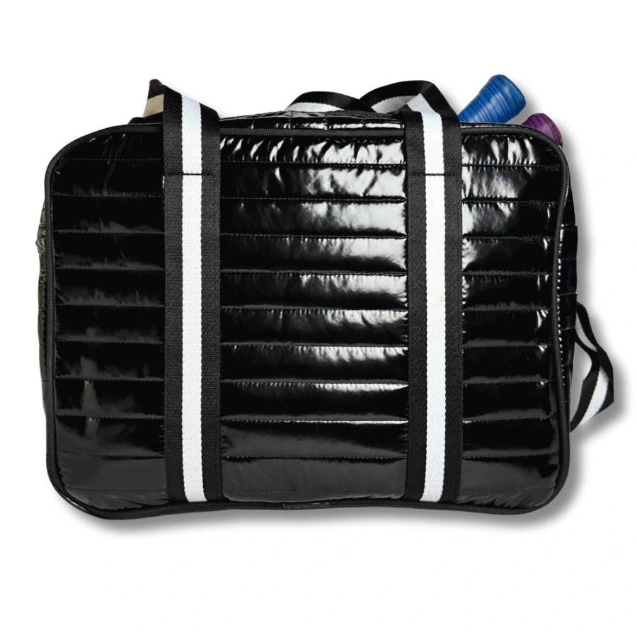 Black Puffer Pickleball Bag with Paddle Holder and Adjustable Shoulder Strap Glossy Sport Tote for Men and Women