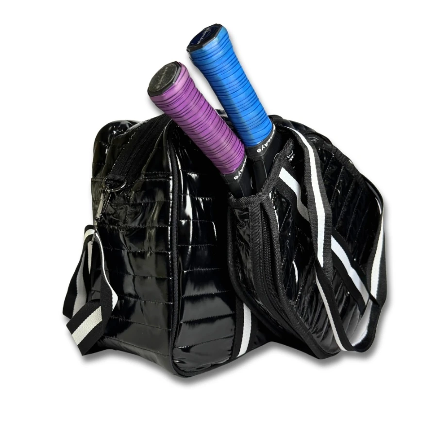 Black Puffer Pickleball Bag with Paddle Holder and Adjustable Shoulder Strap Glossy Sport Tote for Men and Women