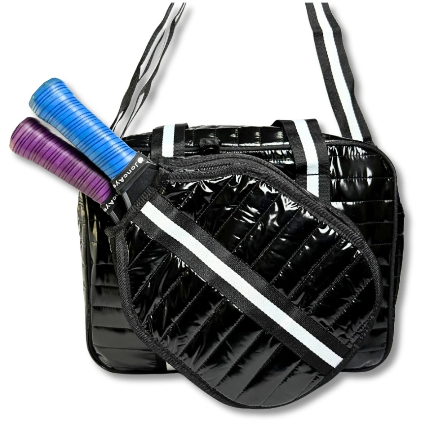 Black Puffer Pickleball Bag with Paddle Holder and Adjustable Shoulder Strap Glossy Sport Tote for Men and Women