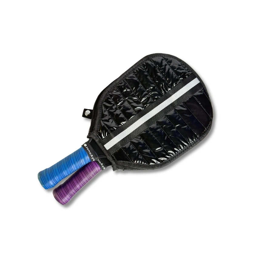 Black Puffer Pickleball Bag with Paddle Holder and Adjustable Shoulder Strap Glossy Sport Tote for Men and Women