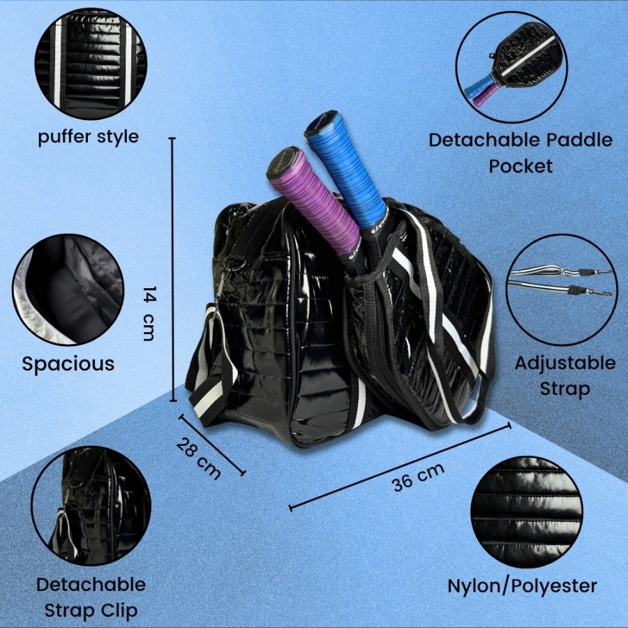Black Puffer Pickleball Bag with Paddle Holder and Adjustable Shoulder Strap Glossy Sport Tote for Men and Women