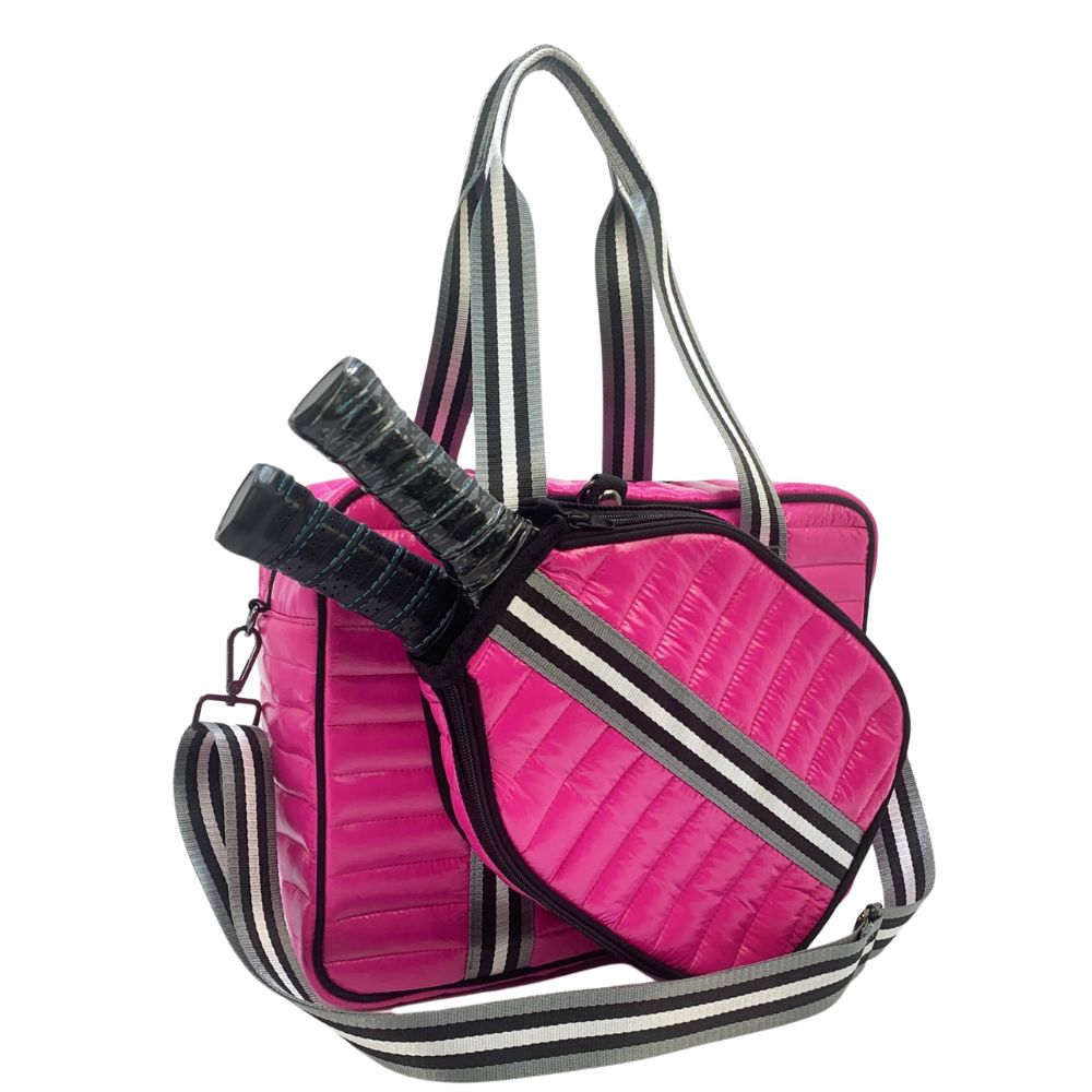 Pink Puffer Pickleball Bag with Paddle Holder and Adjustable Shoulder Strap Glossy Sport Tote for Men and Women
