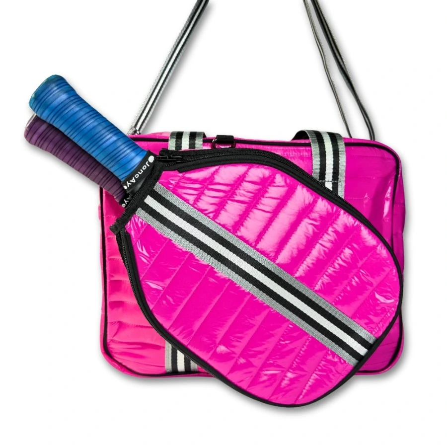 Pink Puffer Pickleball Bag with Paddle Holder and Adjustable Shoulder Strap Glossy Sport Tote for Men and Women