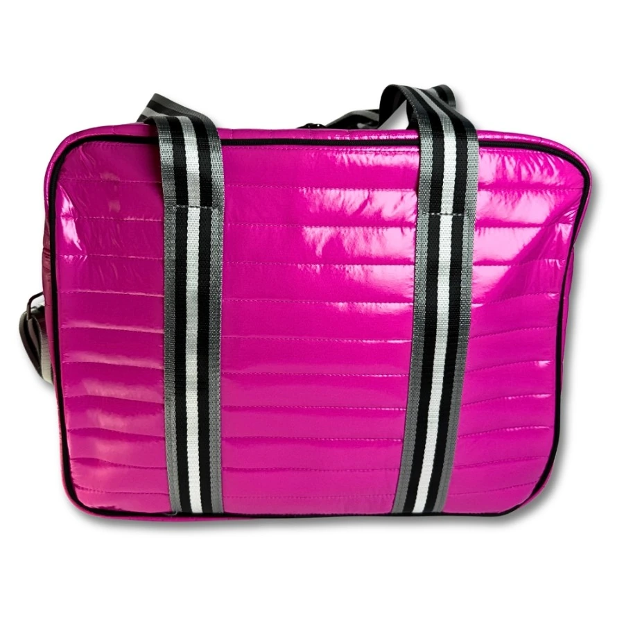 Pink Puffer Pickleball Bag with Paddle Holder and Adjustable Shoulder Strap Glossy Sport Tote for Men and Women