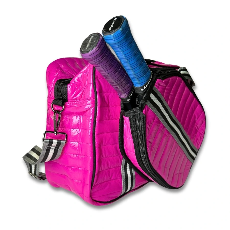 Pink Puffer Pickleball Bag with Paddle Holder and Adjustable Shoulder Strap Glossy Sport Tote for Men and Women