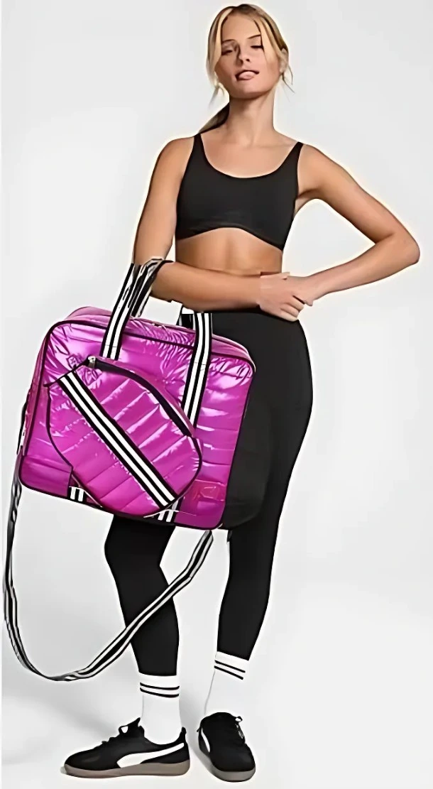 Pink Puffer Pickleball Bag with Paddle Holder and Adjustable Shoulder Strap Glossy Sport Tote for Men and Women