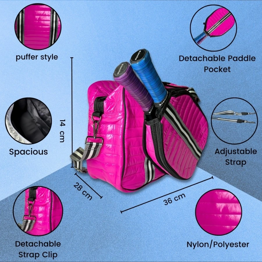 Pink Puffer Pickleball Bag with Paddle Holder and Adjustable Shoulder Strap Glossy Sport Tote for Men and Women
