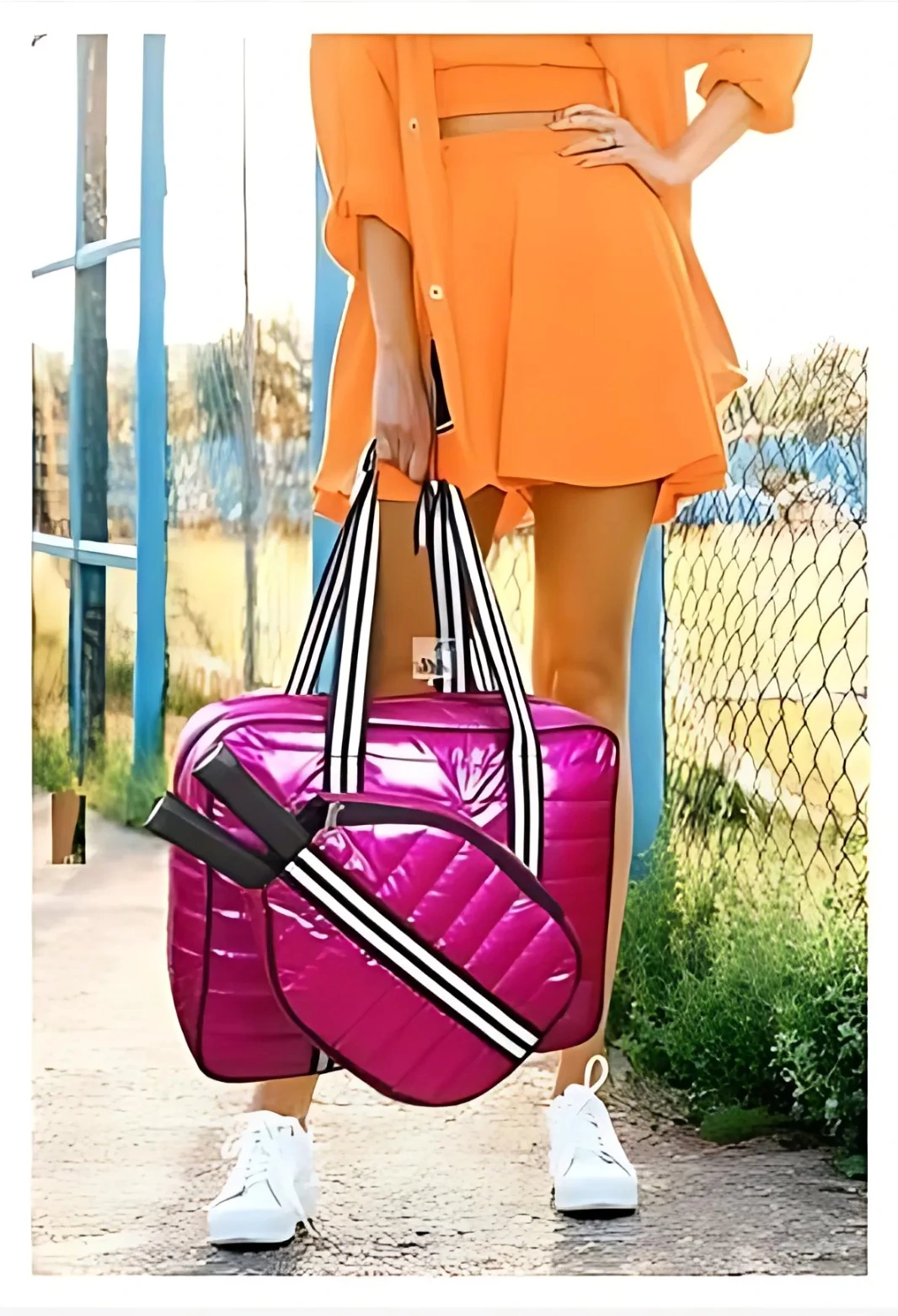 Pink Puffer Pickleball Bag with Paddle Holder and Adjustable Shoulder Strap Glossy Sport Tote for Men and Women