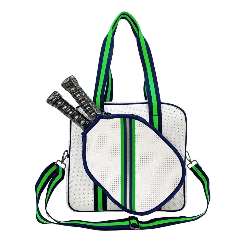 White and Green Neoprene Pickleball Bag with Paddle Holder and Adjustable Shoulder Strap Sport Tote for Men and Women