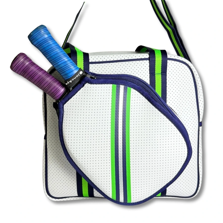 White and Green Neoprene Pickleball Bag with Paddle Holder and Adjustable Shoulder Strap Sport Tote for Men and Women
