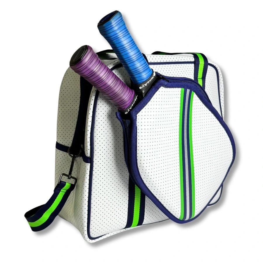 White and Green Neoprene Pickleball Bag with Paddle Holder and Adjustable Shoulder Strap Sport Tote for Men and Women