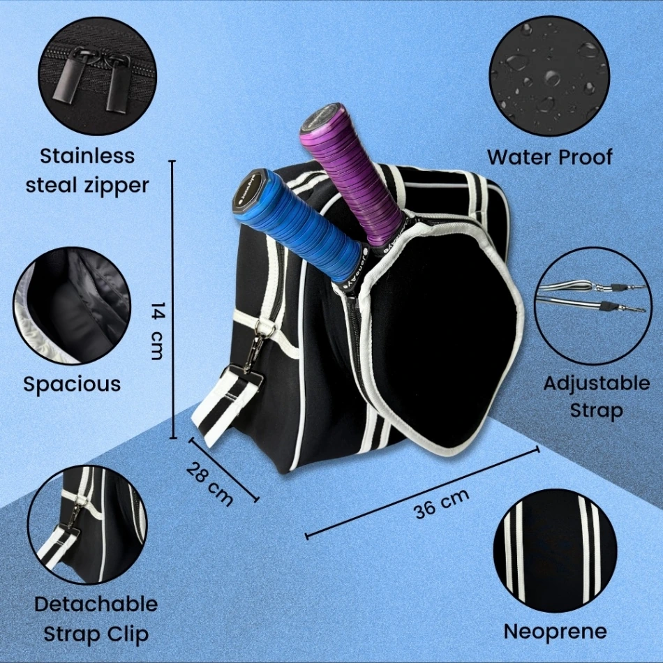 Black Neoprene Pickleball Bag with Paddle Holder and Adjustable Shoulder Strap Sport Tote for Men and Women