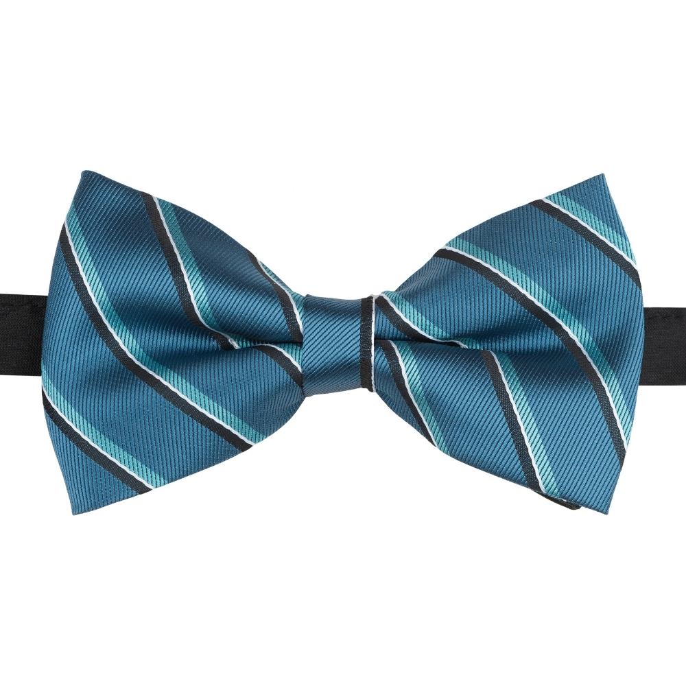 Teal Blue Striped Pre-Tied Bow Tie for Men