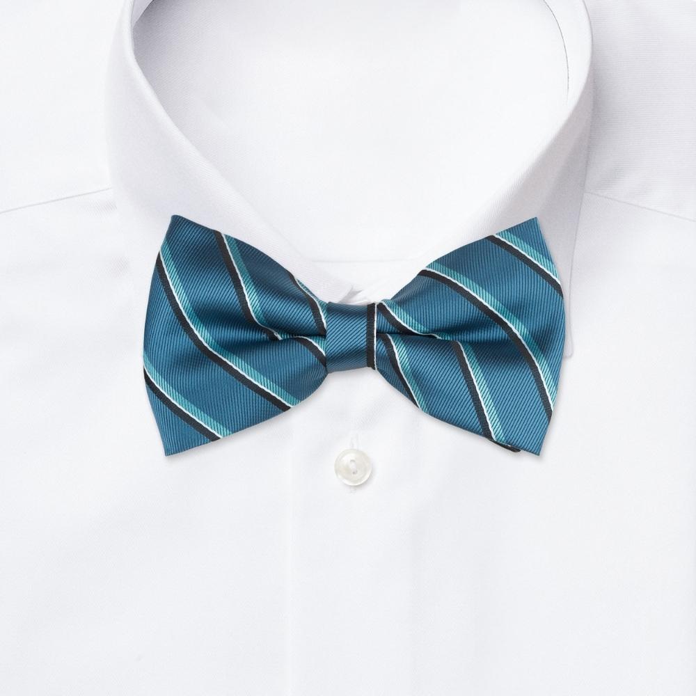 Teal Blue Striped Pre-Tied Bow Tie for Men