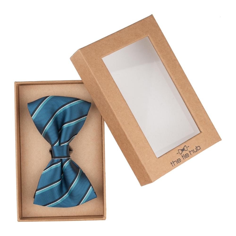 Teal Blue Striped Pre-Tied Bow Tie for Men