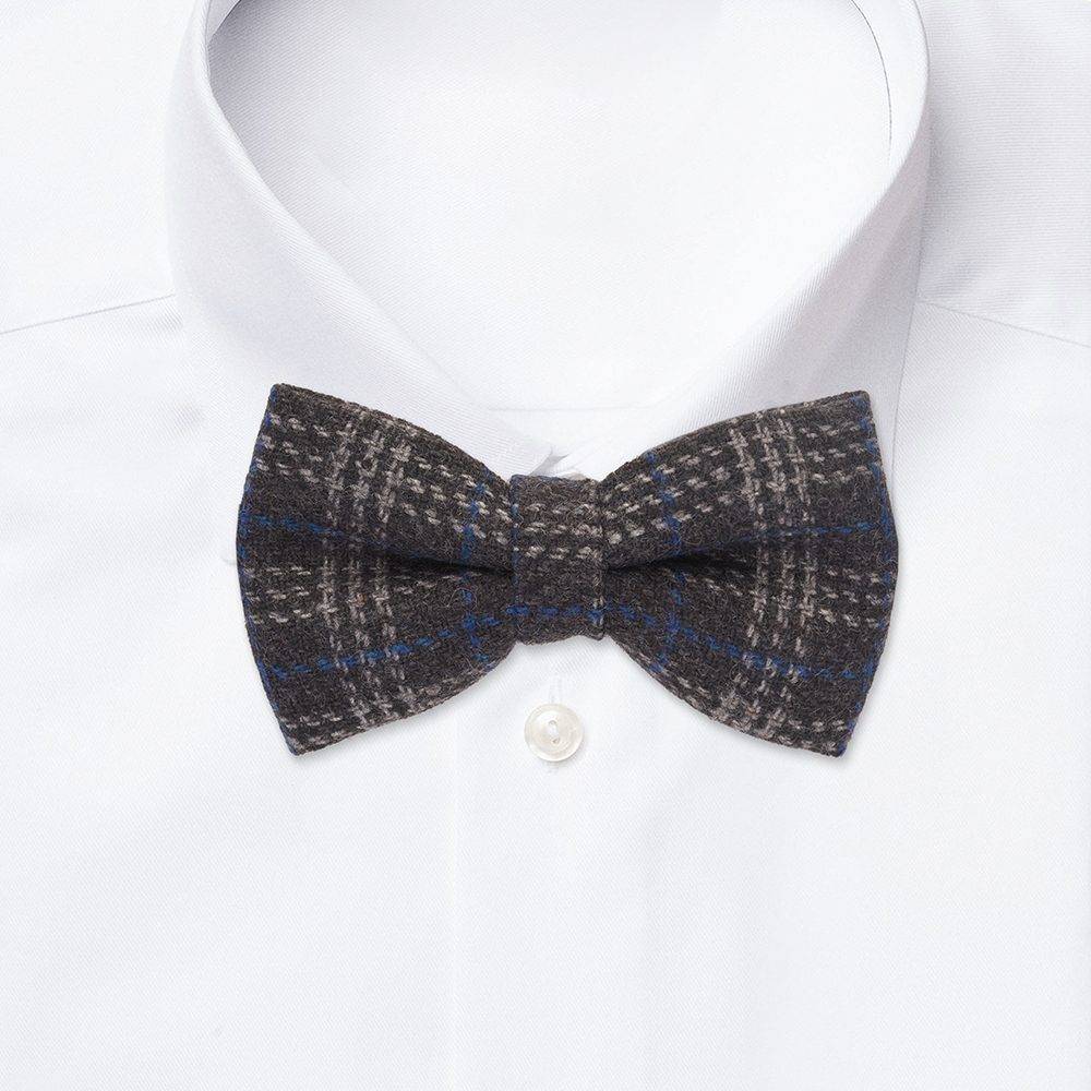 Grey Checkered Wool Pre-Tied Bow Tie for Men