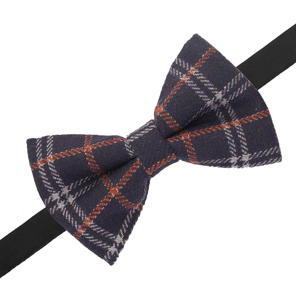 Navy Blue Checkered Wool Pre-Tied Bow Tie for Men