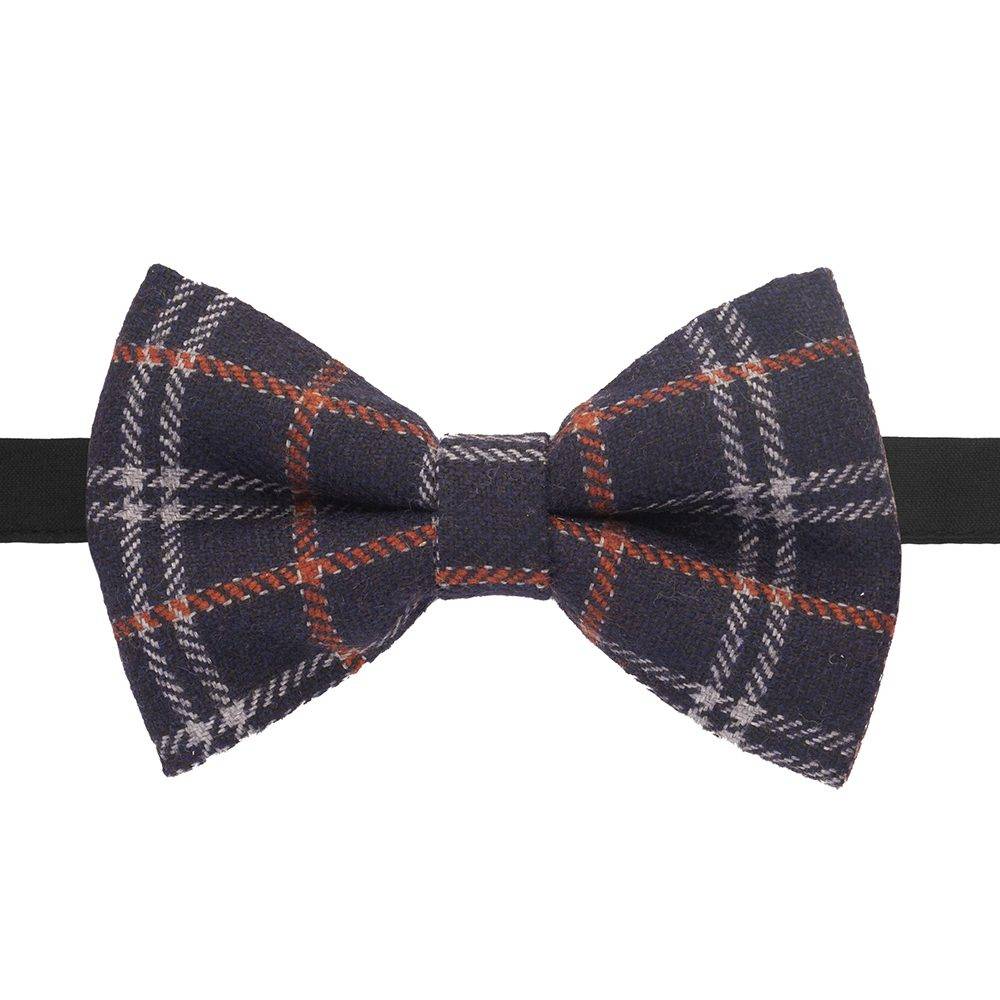 Navy Blue Checkered Wool Pre-Tied Bow Tie for Men