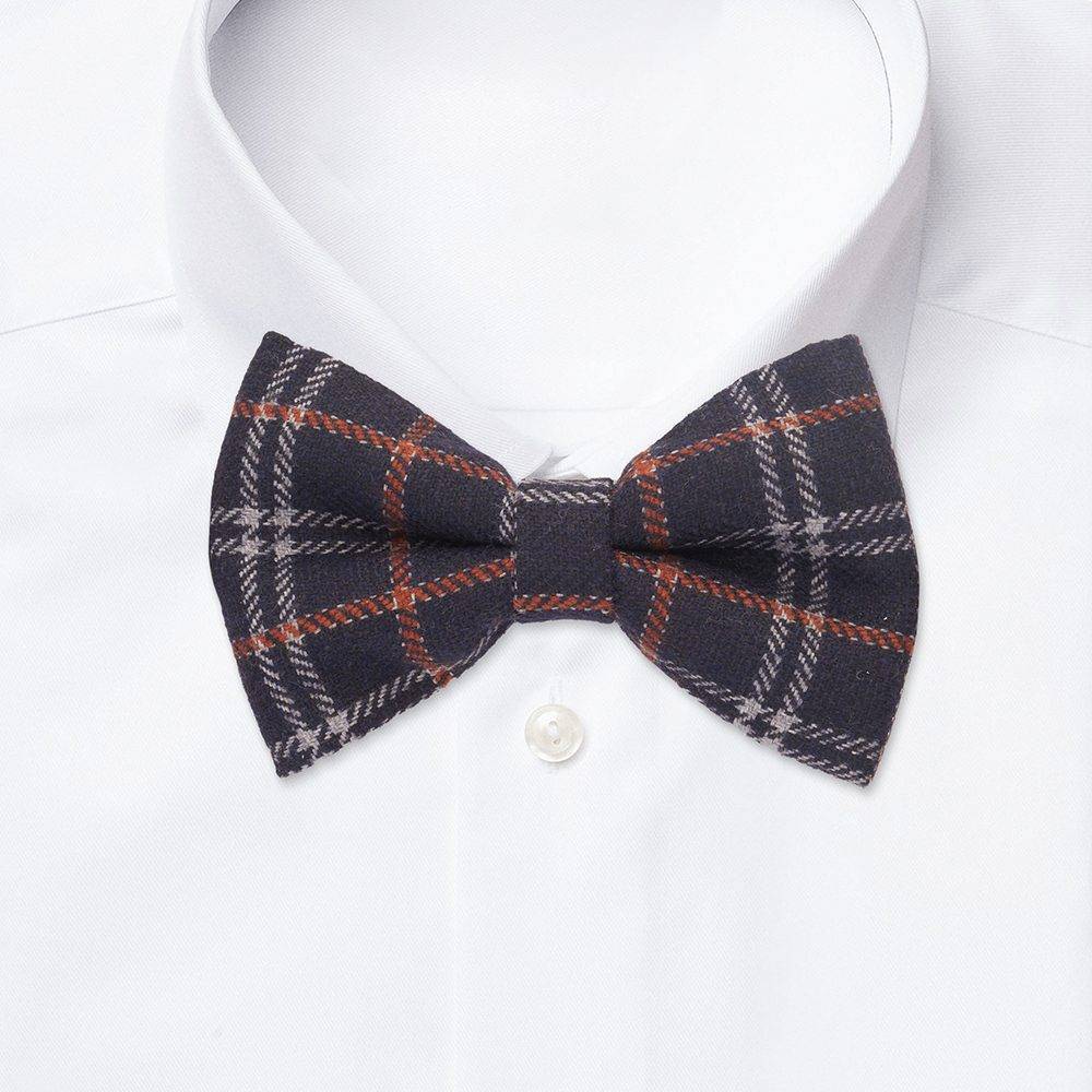 Navy Blue Checkered Wool Pre-Tied Bow Tie for Men