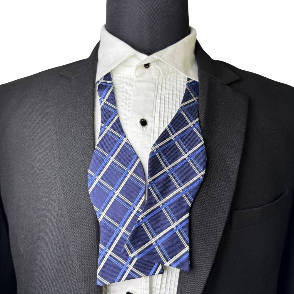 Navy Blue Checkered Silk Self-Tie Bow Tie for Men