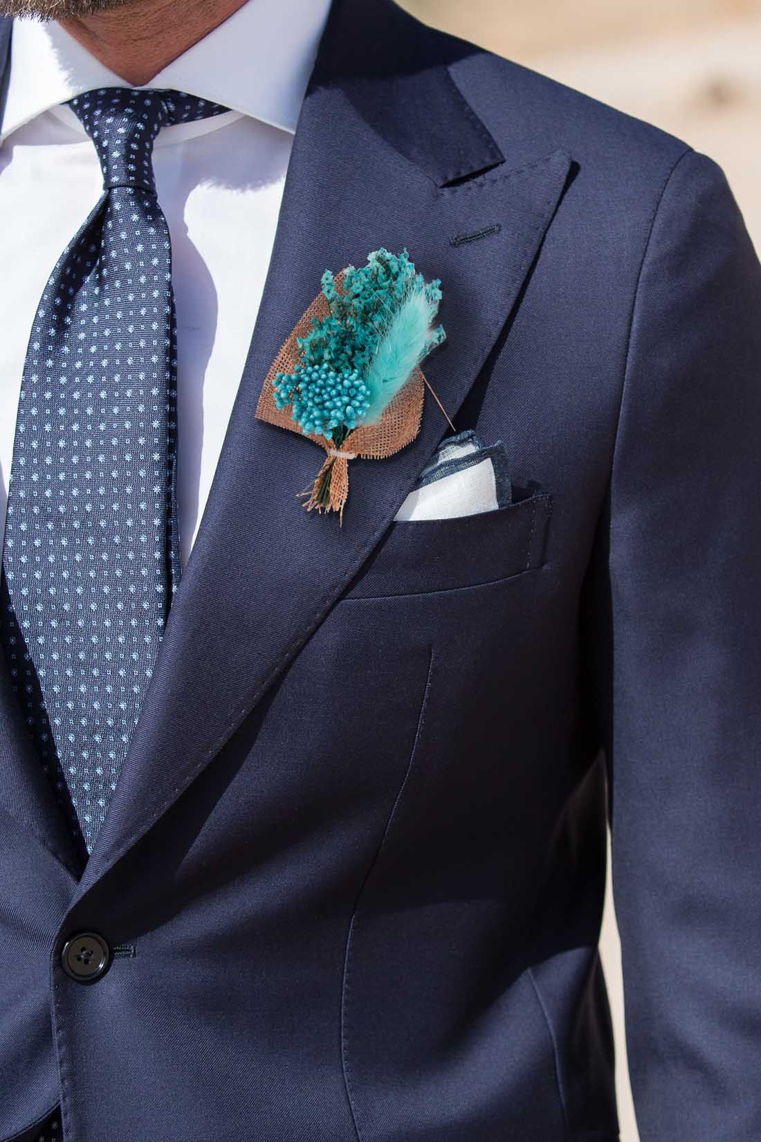 Babys Breath Teal Flower with Blue Feather Wedding Boutonniere for Men