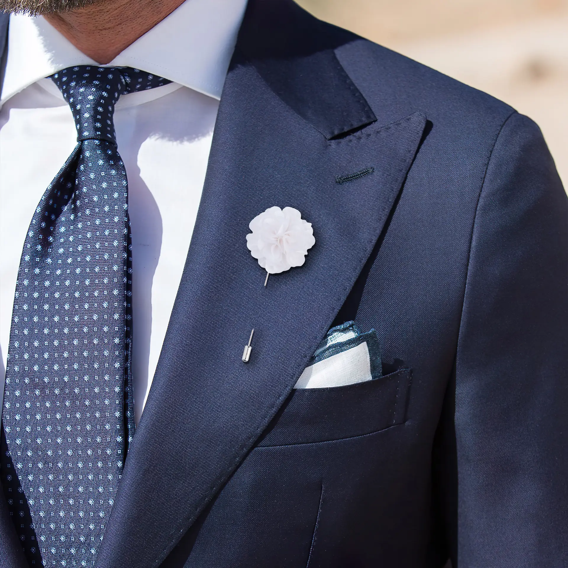 White Marigold Flower Lapel Pin for Men