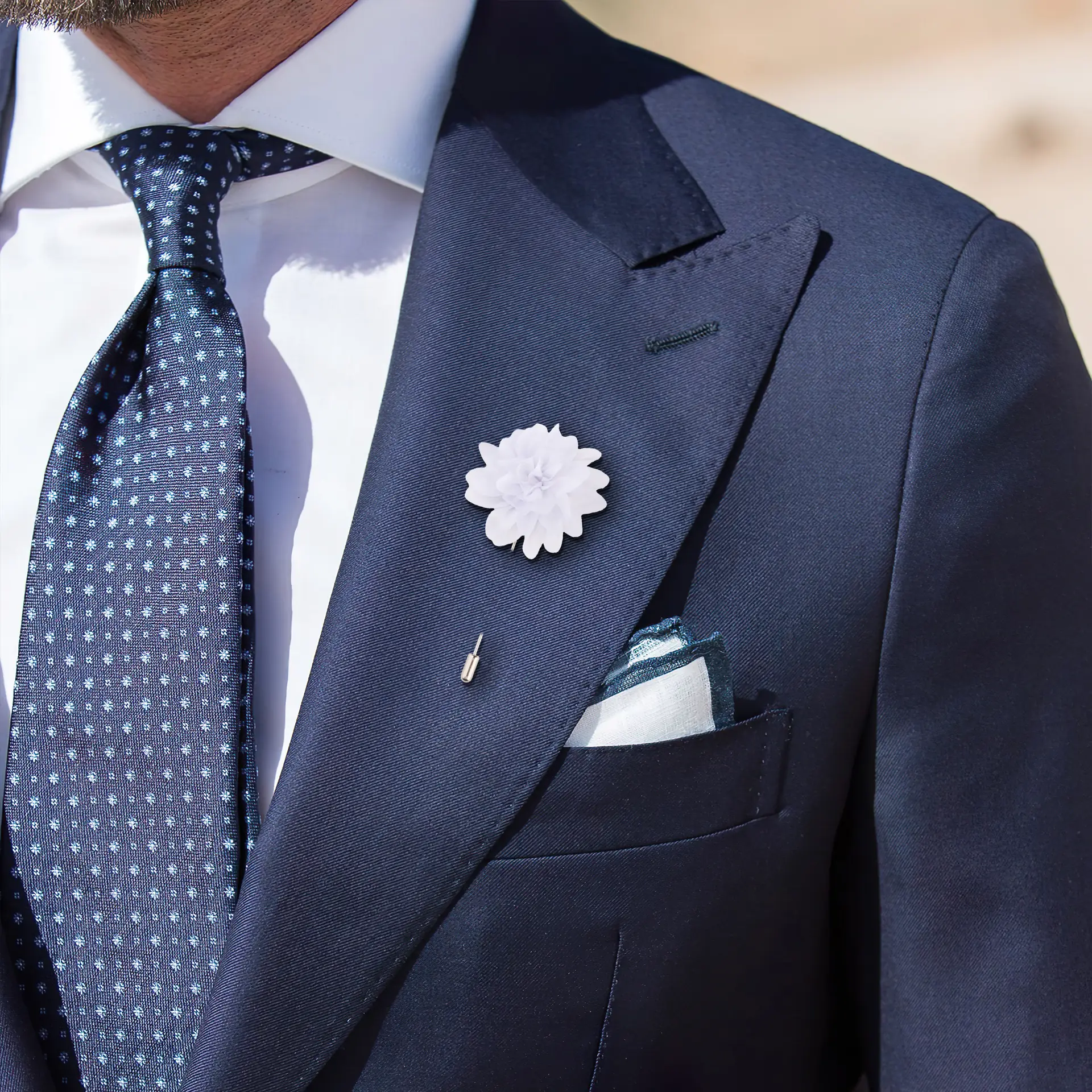 White Dahlia Flower Lapel Pin for Men
