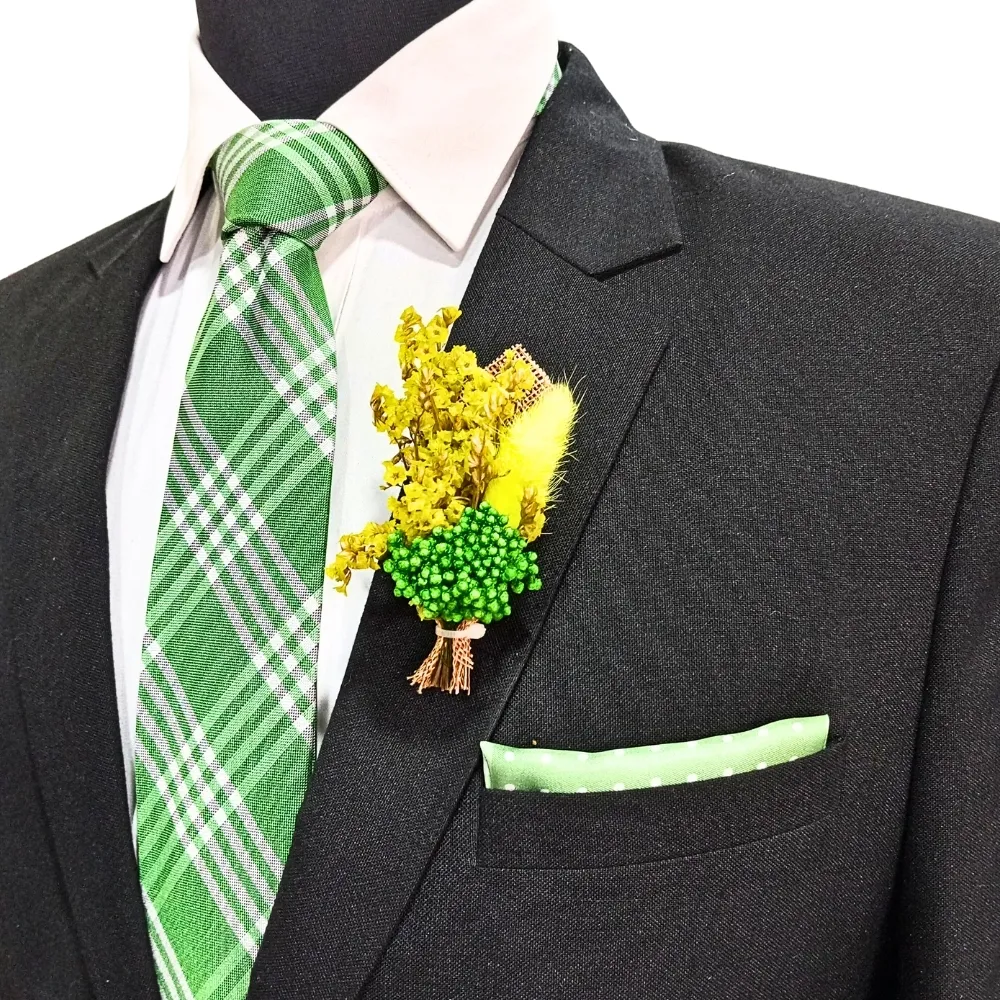 Green Artificial Flower Boutonniere with Berry Accents for Weddings and Events for Men