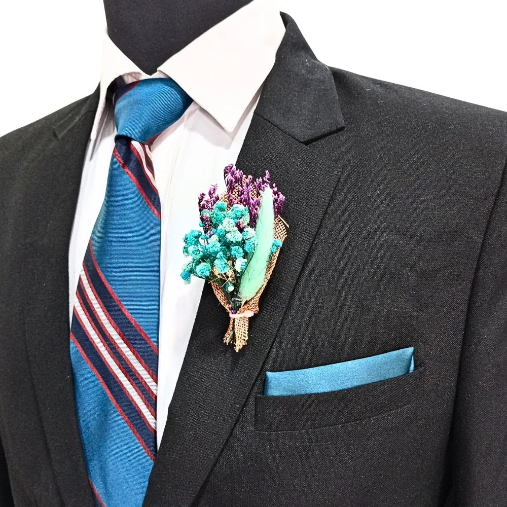 Teal Green and Purple Artificial Flower Boutonniere for Weddings and Events for Men