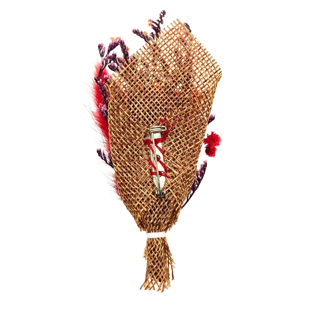 Bold Red and Purple Artificial Flower Boutonniere with Feather Accent for Weddings and Events for Men