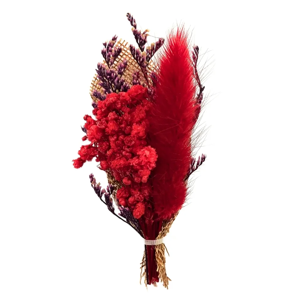 Bold Red and Purple Artificial Flower Boutonniere with Feather Accent for Weddings and Events for Men