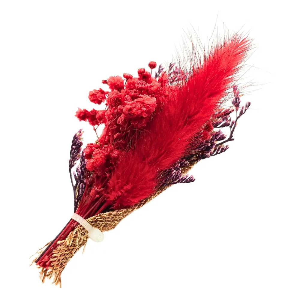 Bold Red and Purple Artificial Flower Boutonniere with Feather Accent for Weddings and Events for Men