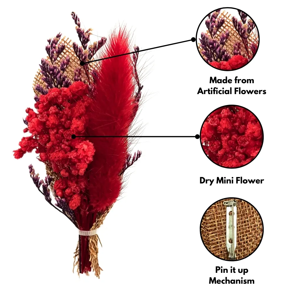 Bold Red and Purple Artificial Flower Boutonniere with Feather Accent for Weddings and Events for Men