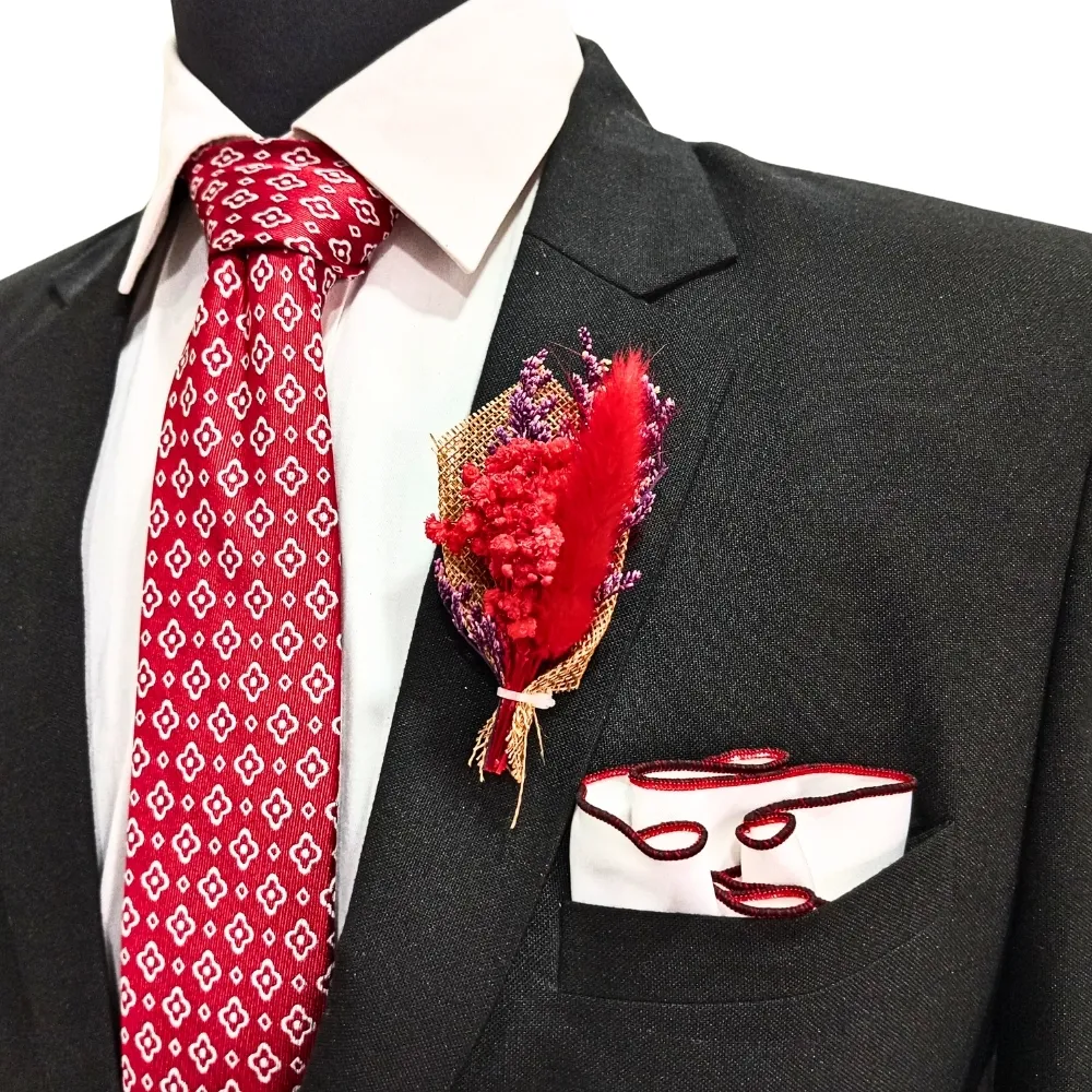 Bold Red and Purple Artificial Flower Boutonniere with Feather Accent for Weddings and Events for Men