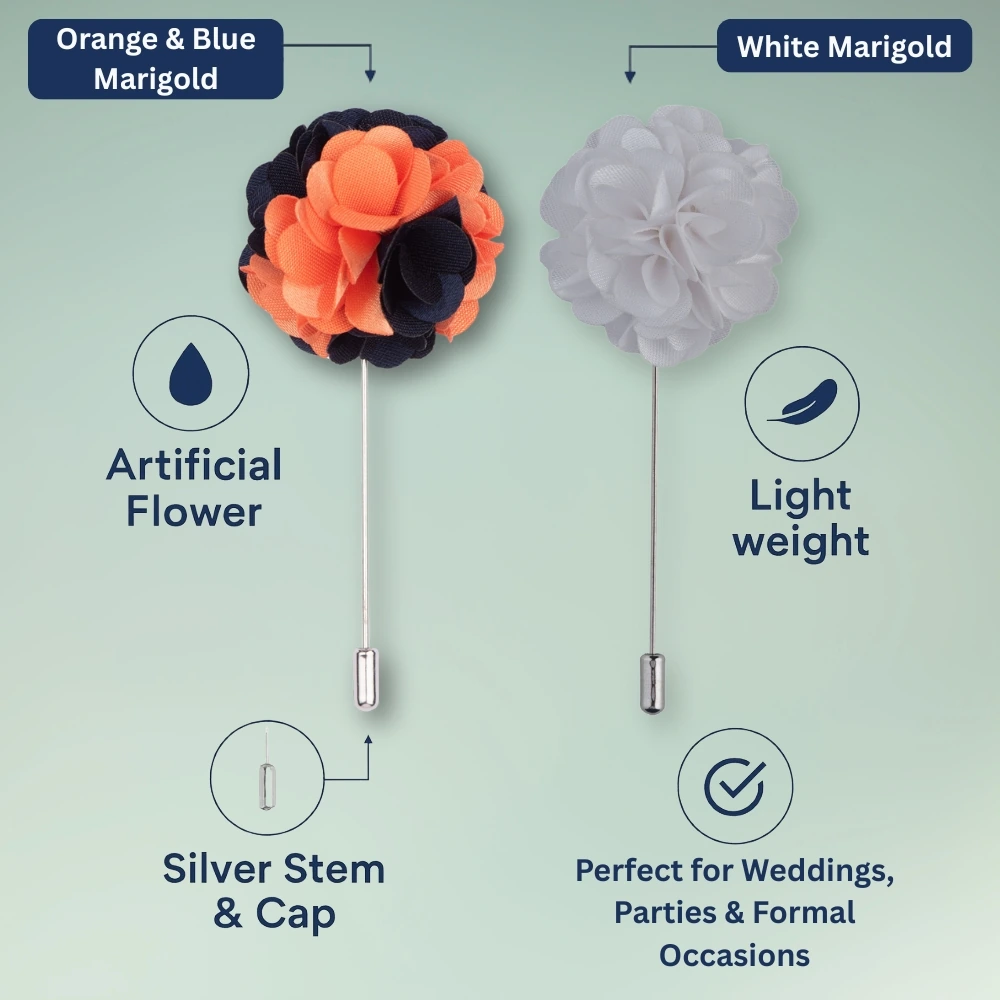 Orange and Blue Marigold with White Marigold Flower Lapel Pin Combo for Men