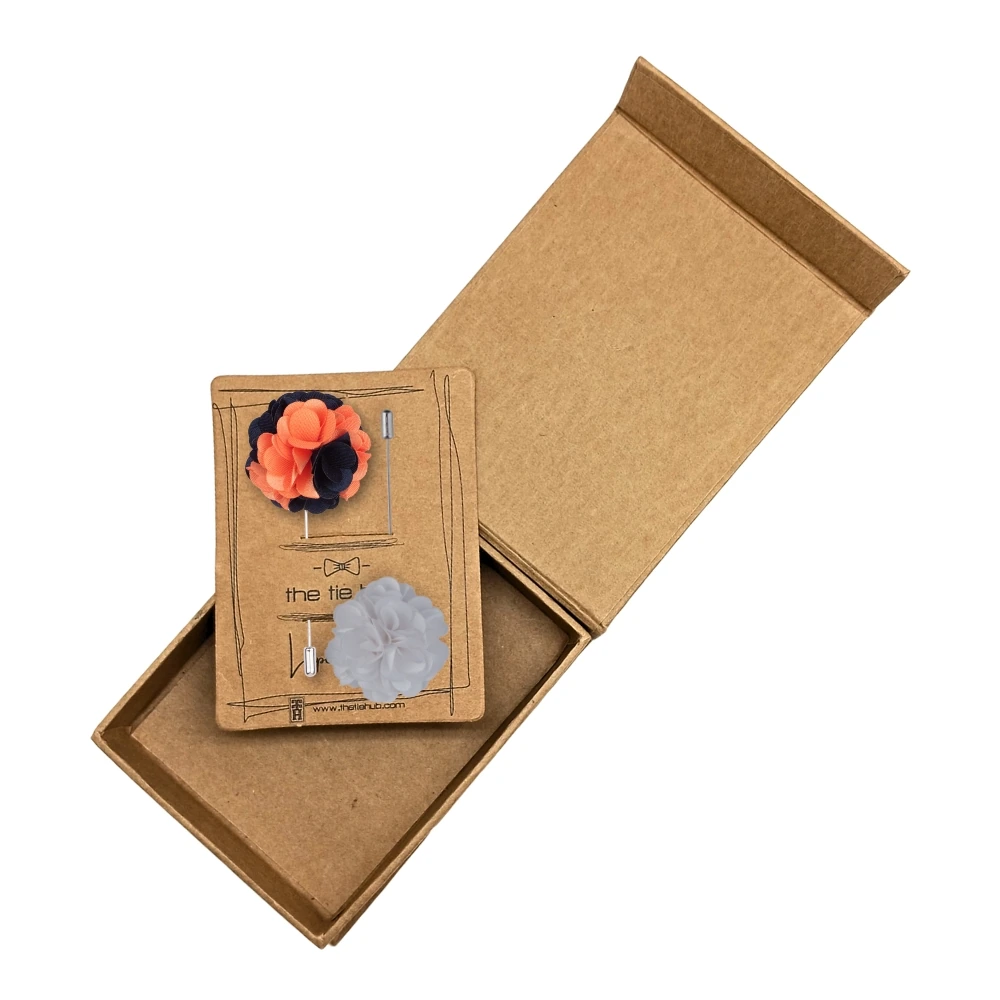 Orange and Blue Marigold with White Marigold Flower Lapel Pin Combo for Men