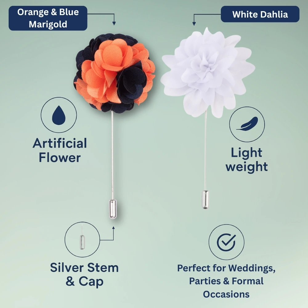Orange and Blue Marigold with White Dahlia Flower Lapel Pin Combo for Men