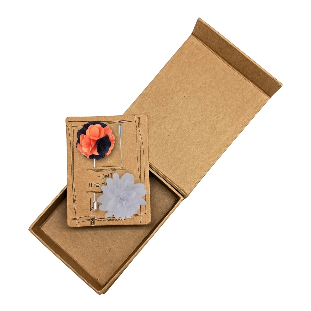 Orange and Blue Marigold with White Dahlia Flower Lapel Pin Combo for Men