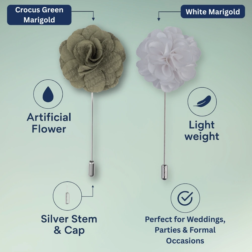 Crocus Green and White Marigold Flower Lapel Pin Combo for Men