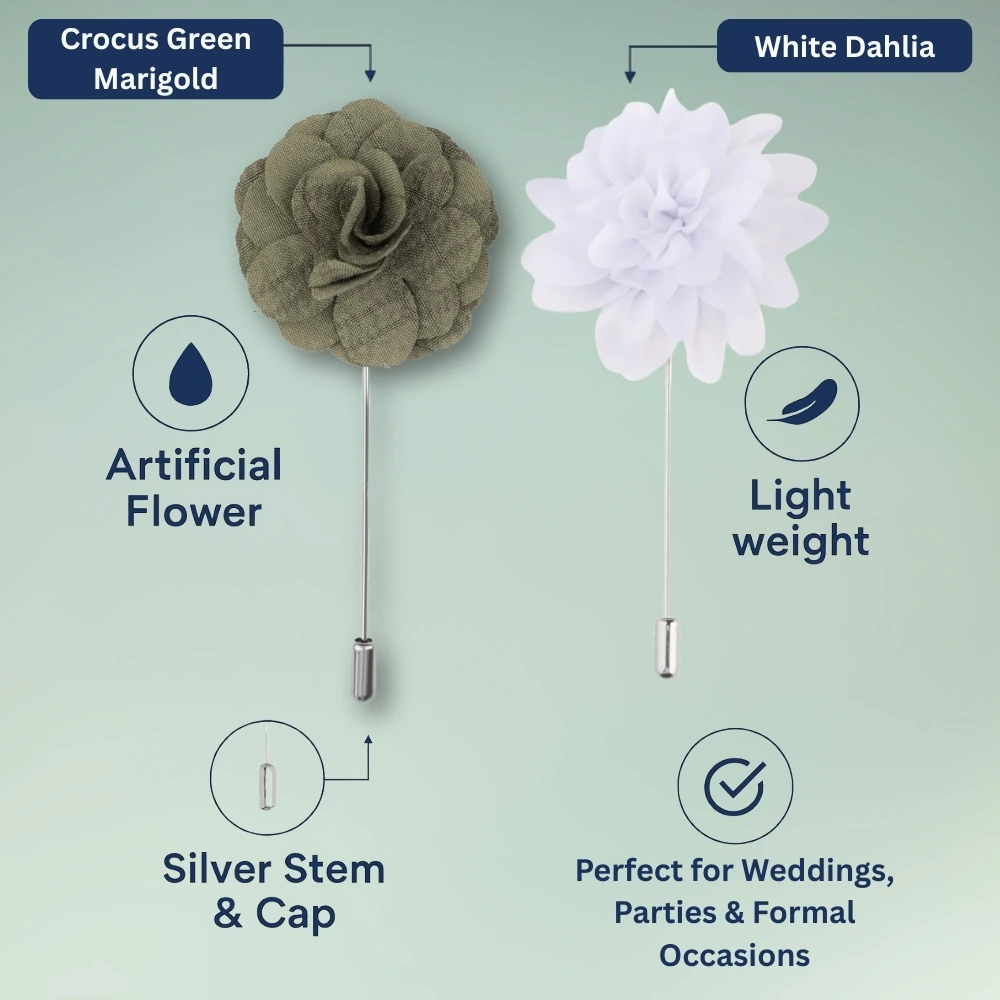 Crocus Green and White Dahlia Flower Lapel Pin Combo for Men