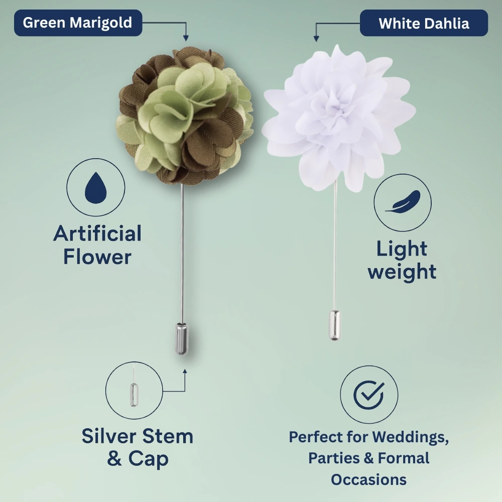 Marigold Green and White Dahlia Flower Lapel Pin Combo for Men