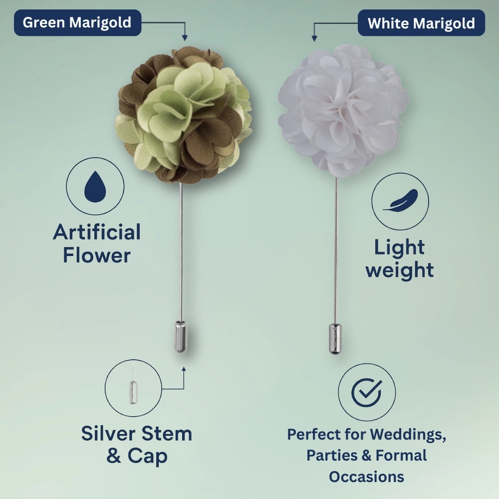 Marigold Green and White Flower Lapel Pin Combo for Men