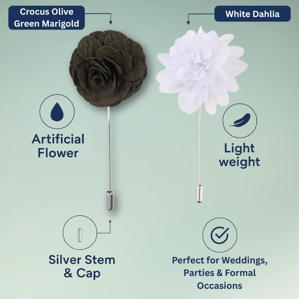 Crocus Olive Green and White Dahlia Flower Lapel Pin Combo for Men