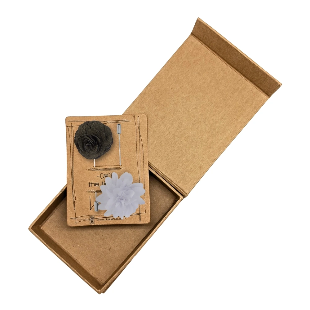 Crocus Olive Green and White Dahlia Flower Lapel Pin Combo for Men