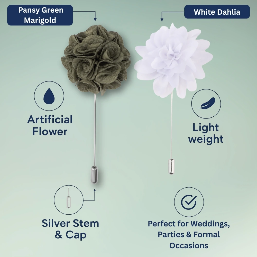 Pansy Green and White Dahlia Flower Lapel Pin Combo for Men