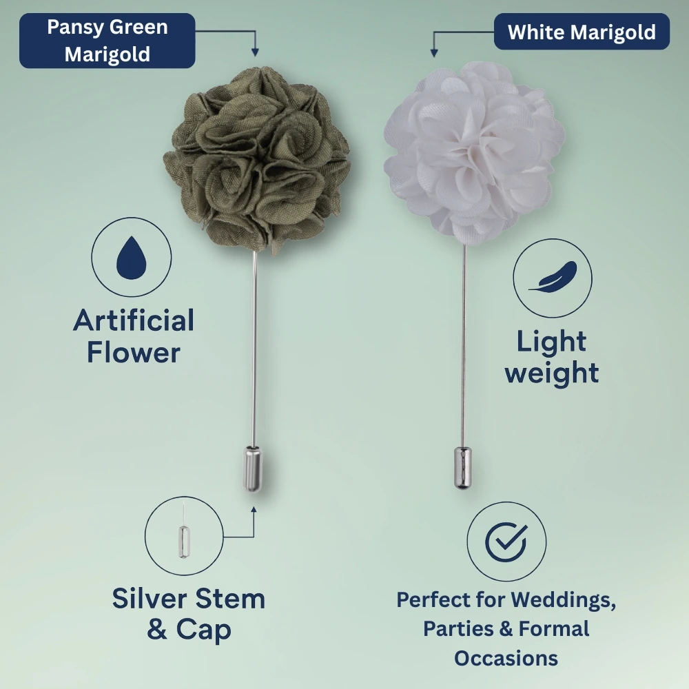 Pansy Green and White Marigold Flower Lapel Pin Combo for Men
